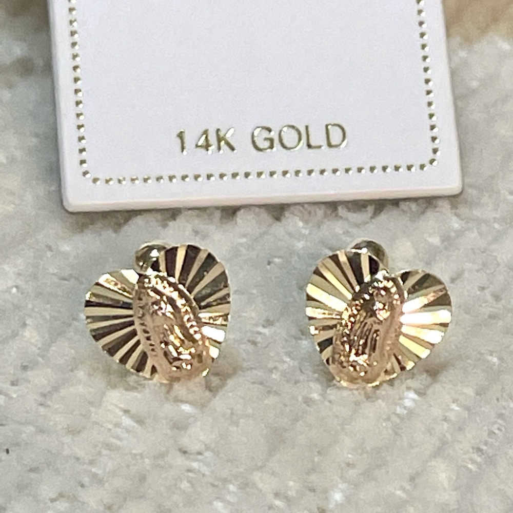 Solid Yellow Gold 14 Karat 8x8mm Guadalupe Diamond Cut two-Tone Heart  Earring